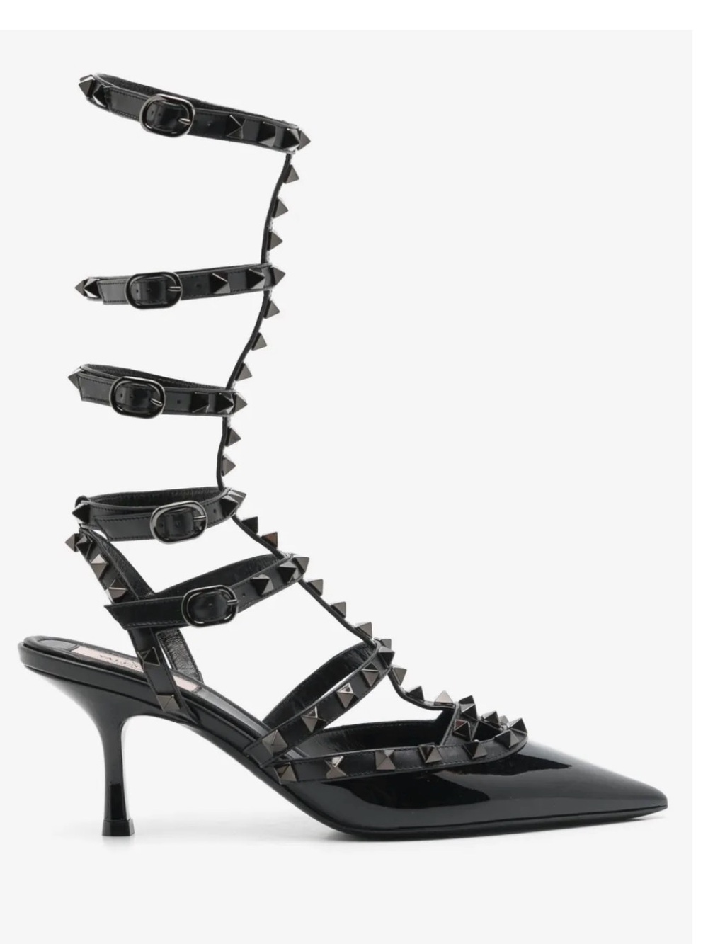 Valentino Garavani Black Patent Rockstud Pointed-Toe Strappy Heels